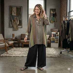 Alembika ‎ Pistachio Mixed Print Viscose Button Down Tunic Shirt Womens 8 NWT